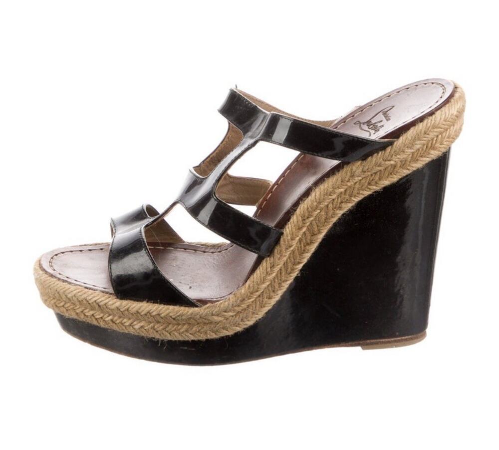 AUTH Christian Louboutin Jute Wedge Sole Black Strappy Patent Leather IT 39/US 9